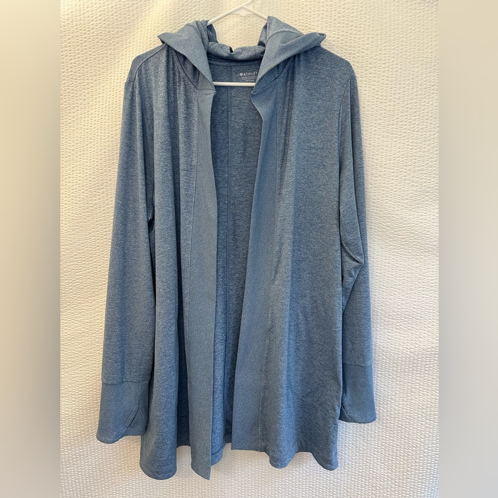 Athleta Uptempo Blue Hooded Cardigan Wrap Size XL Open Front Loungewear Cozy
